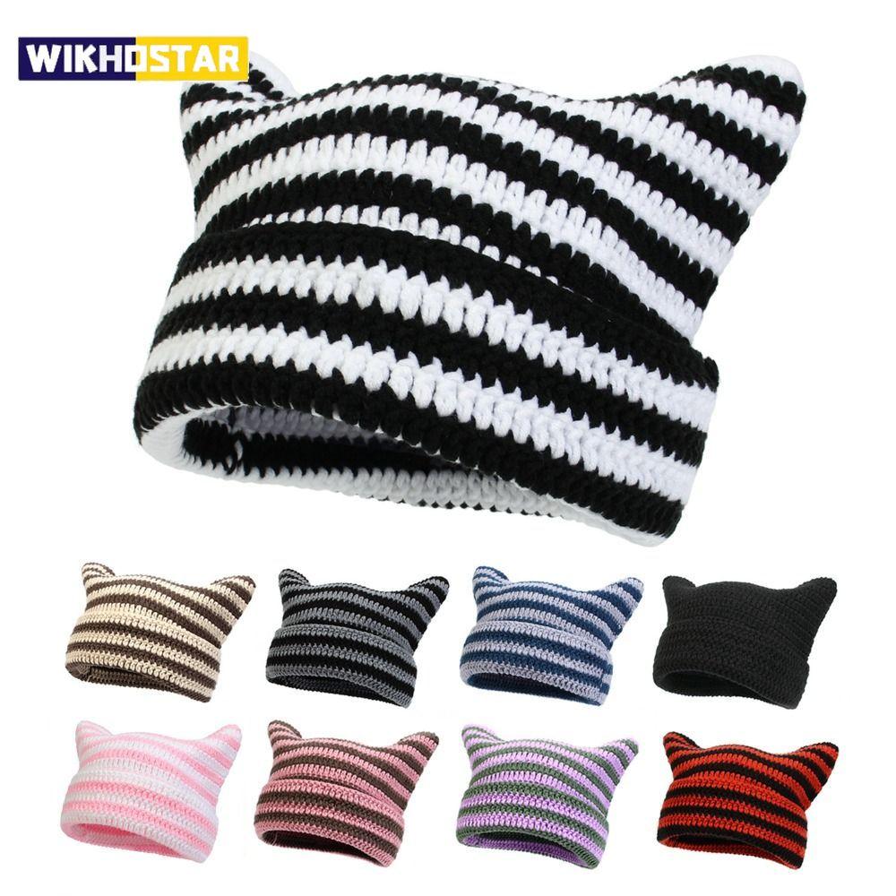 Casual Cute Cat Ears Japanese Beanie Hat Keep Warm Punk Gothic Knitted Wool Cap Unisex Y2K Harajuku Skullies Cap Striped Hat