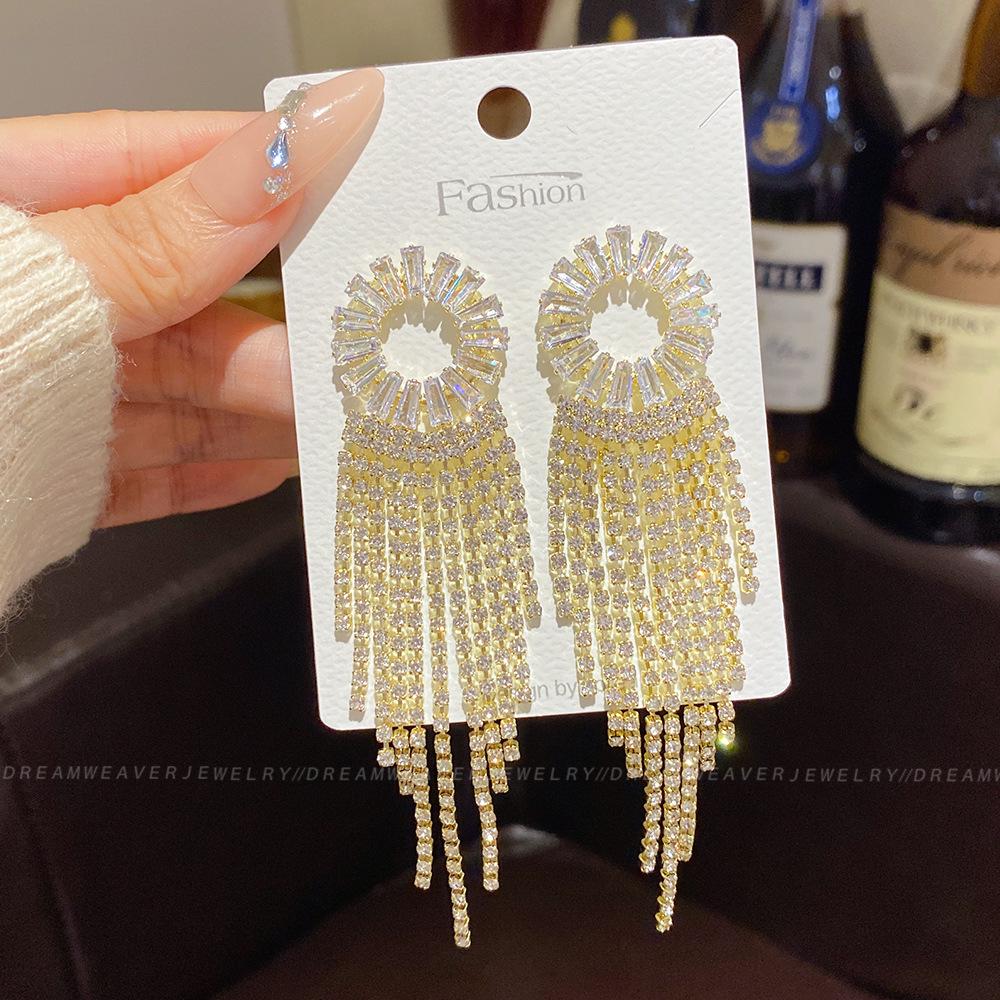 925 Sterling Silver Full Diamond Tassel Earrings – High-End European & American Style, Super Shiny, Luxurious Ear Jewelry for Women.