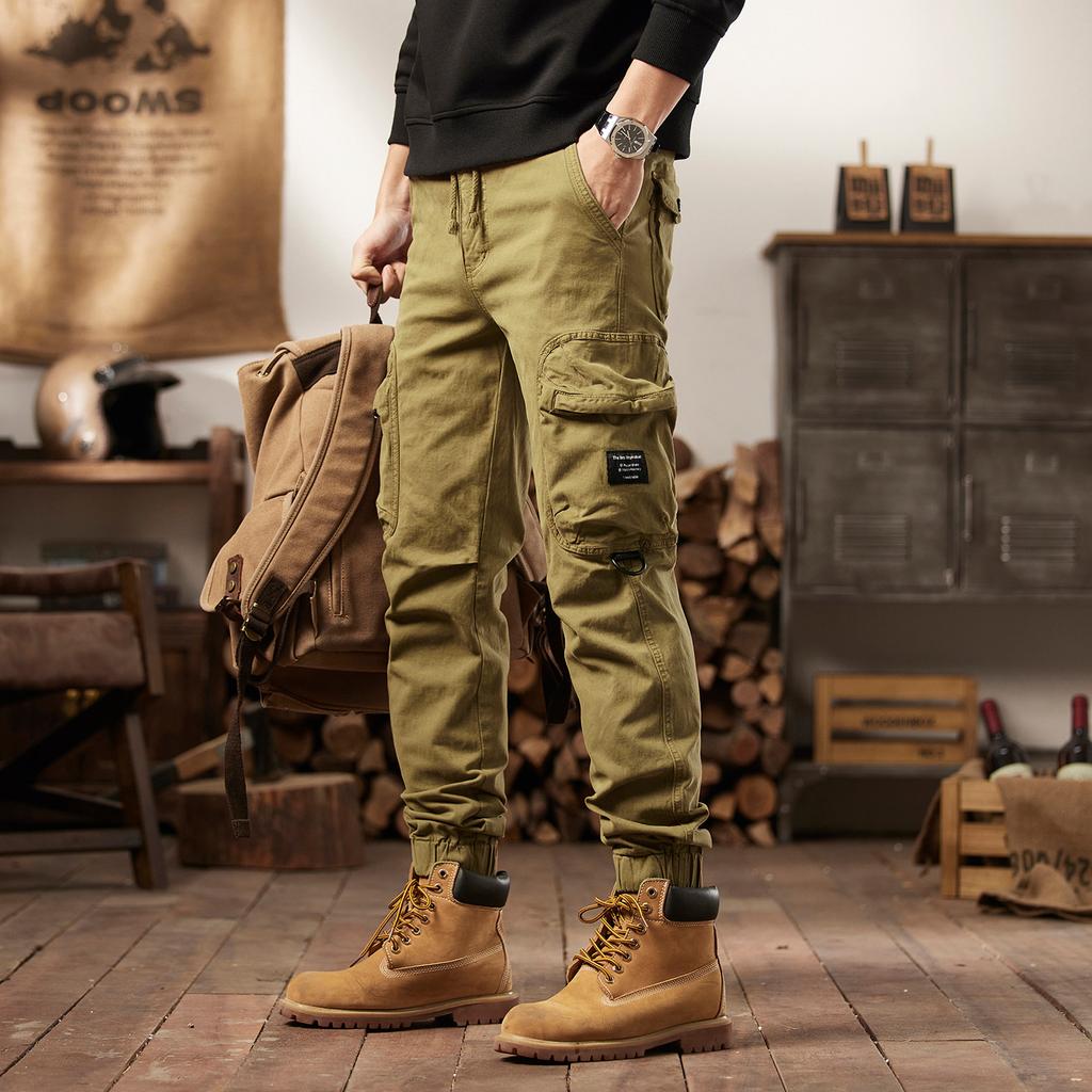 New men's American retro trend casual pants outdoor mountain multi-pocket tied feet trendy overalls men's