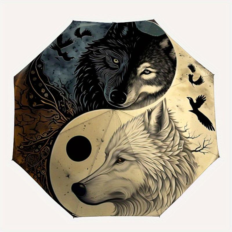 1pc Yin Yang Wolf Pattern Automatic 3-Fold Umbrella, 8 Iron Frames, High-Value Folding Umbrella, Suitable for Office, Travel and Outdoor Adv