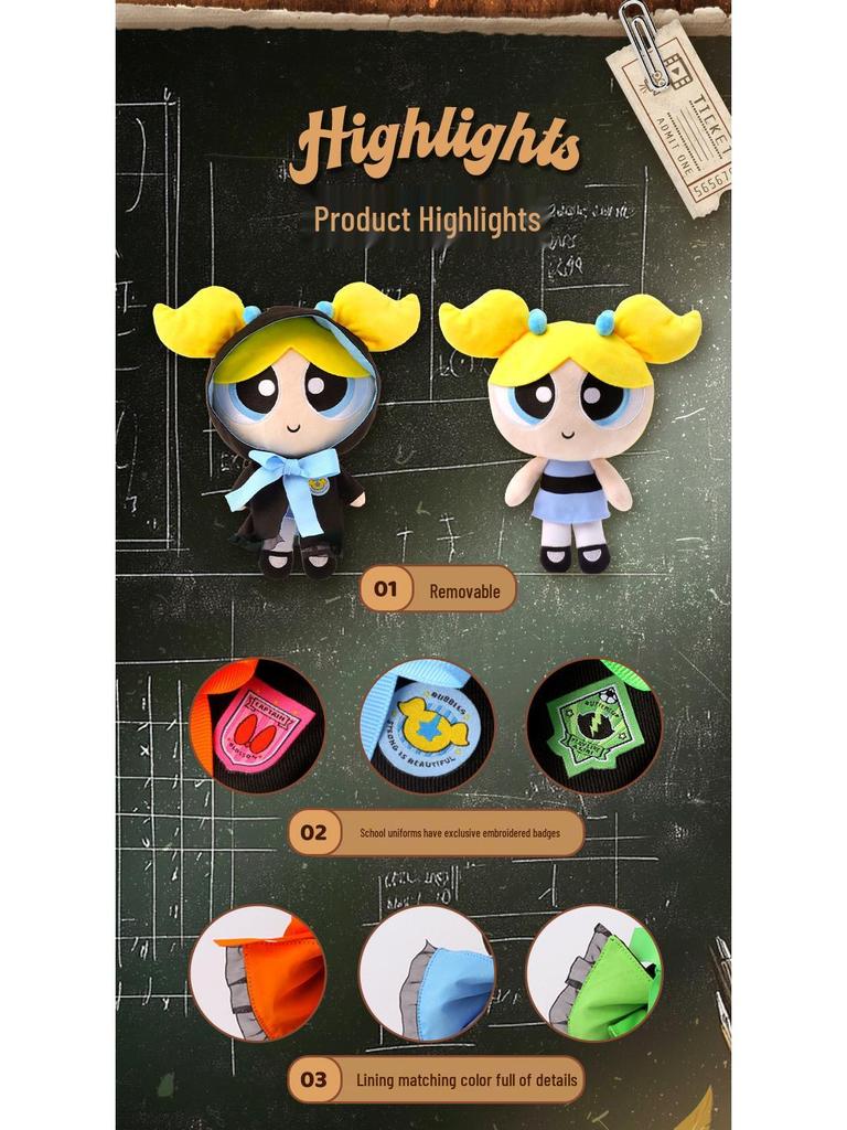 Official Powerpuff Girls Bubbles Plush Toy with Academy Outfit and Magic Robe - Cute Gift Doll Pendant