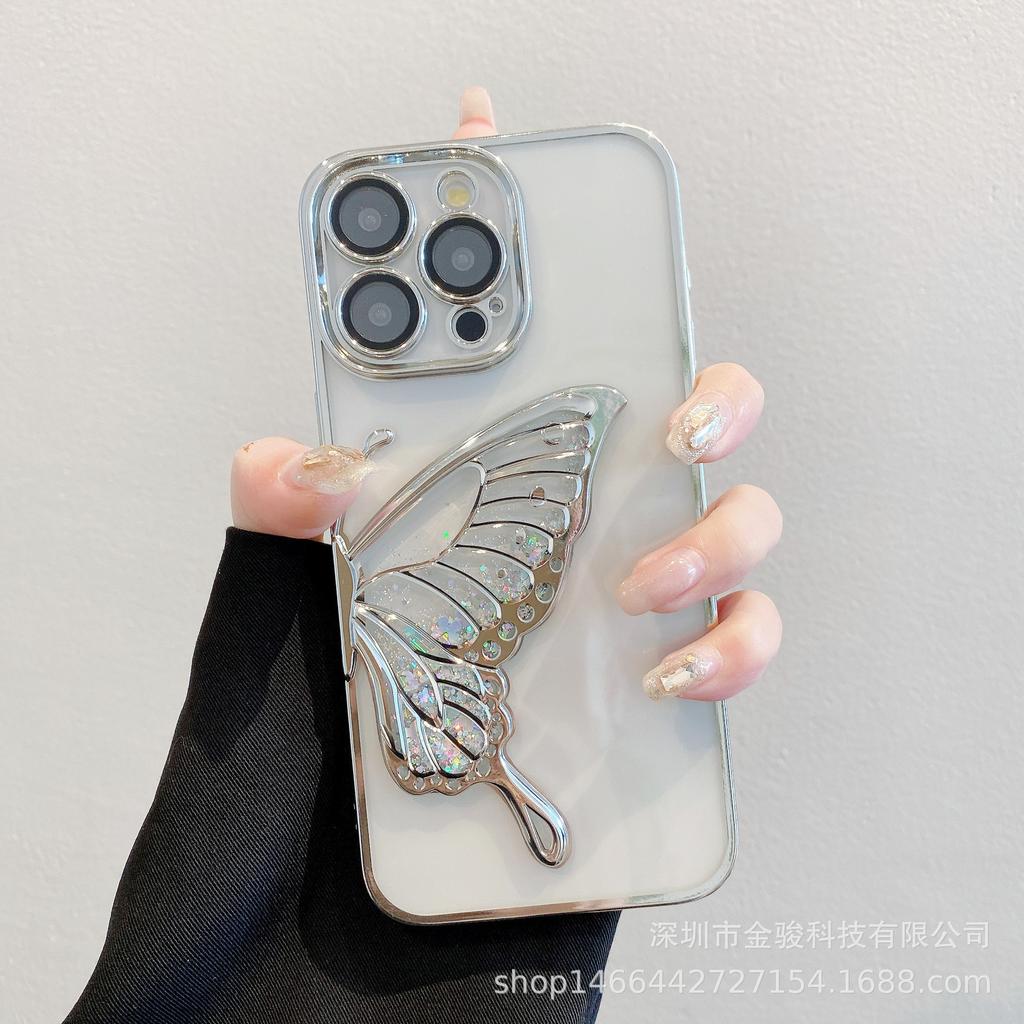 3D Flowing Sand Butterfly Apple 15 Phone Case 14 Pro with Lens Protector Compatible with iPhone 16 Electroplated TPU Soft Case