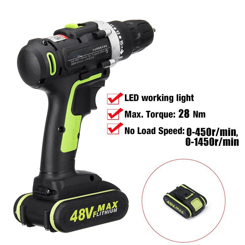 48V Electric Drill Hammer Rechargeable Cordless Drill Woodworking Power Tool with Battery