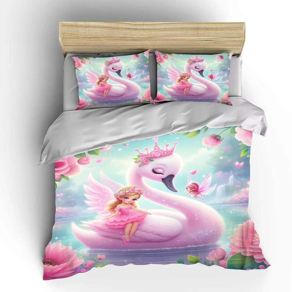 Set Biancheria da Letto con Stampa Cigno Onirico e Ragazza di Fiaba 1 Copripiumino 2 Federe per Adulti e Bambini Regalo di Lusso Misura Matrimoniale