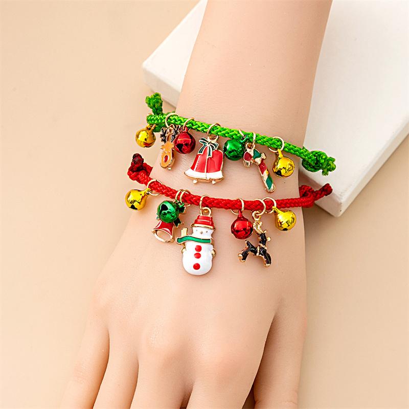 Christmas Theme Braided Rope Bracelet Set for Women Fashion Snowman Bells Elk Snowflake Chain Pendant Bracelet New Year Gift