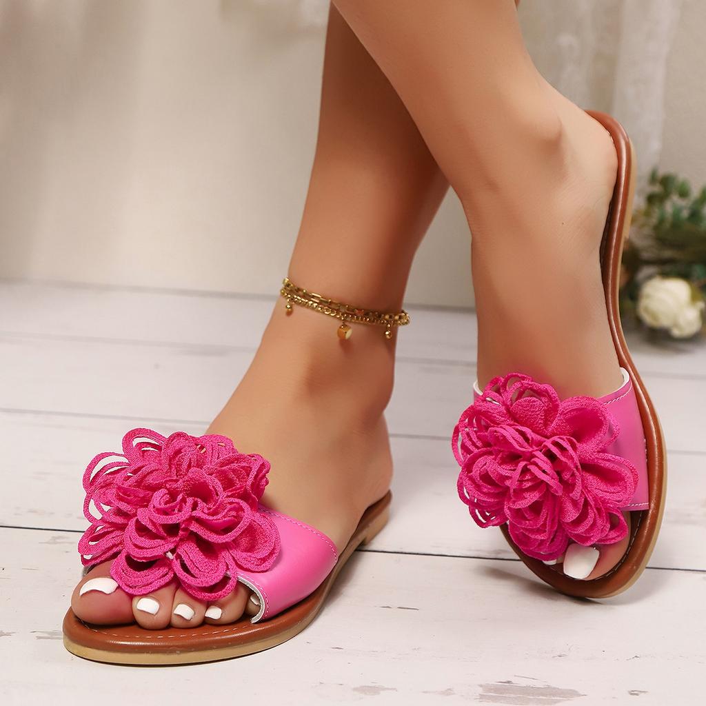Women's Round Toe Flower Flat Sandals, Soft Slides Open-Toe Summer Slippers