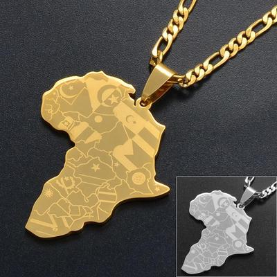 Silver Color /Gold Color Africa Map with Flag Pendant Chain Necklaces African Maps Jewelry for Women Men