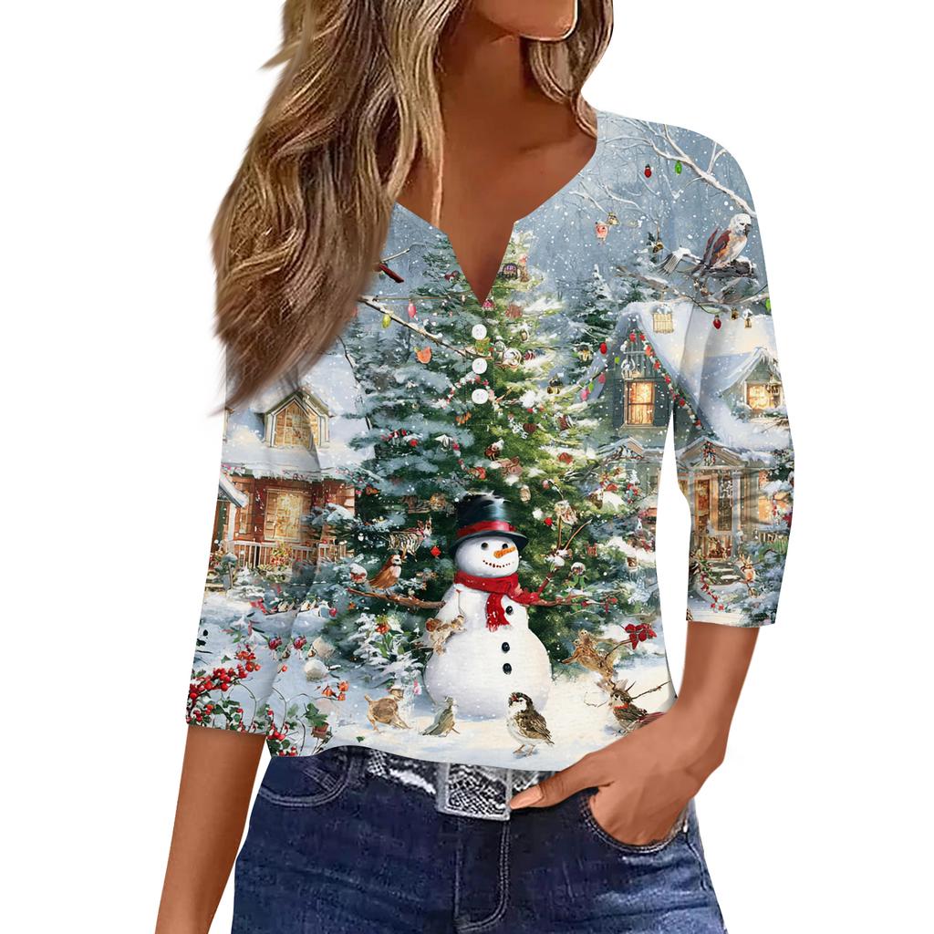 Women's Fashion Casual Halloween Printed V-Neck Short Sleeve Decorative Button Three-quarter Sleeve T-shirt Top