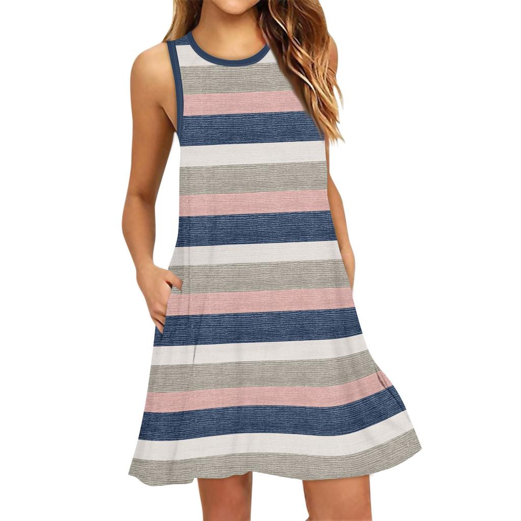 Women's Fashion Beach Dress Sleeveless Round Neck Stripe Print Dress