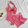 "Strawberry Sauce" Red Niche Plaid One-piece Triangular Small Chest Female Splicing Lace Sexy Hanging Neck Hot Girl Vacation