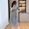 2026 Spring/Summer Plus Size Mesh Patchwork T-shirt Dress, Gray, Short Sleeve, Regular Shoulder Style for Women