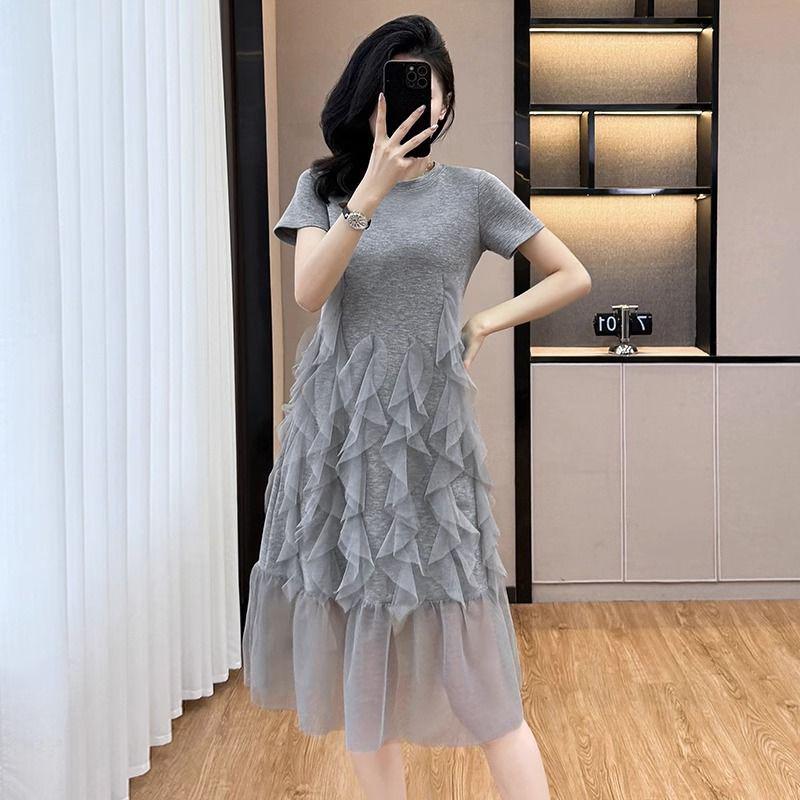 2026 Spring/Summer Plus Size Mesh Patchwork T-shirt Dress, Gray, Short Sleeve, Regular Shoulder Style for Women