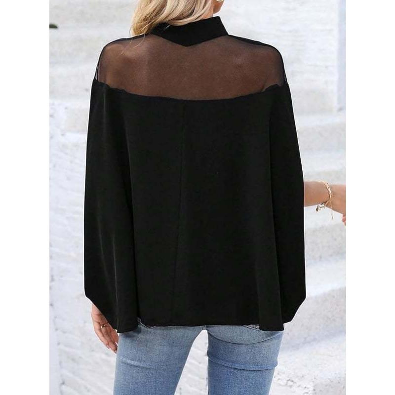 Summer New Fashion Women's Mesh Off-shoulder Bat-sleeve Elegant Half Turtleneck Top