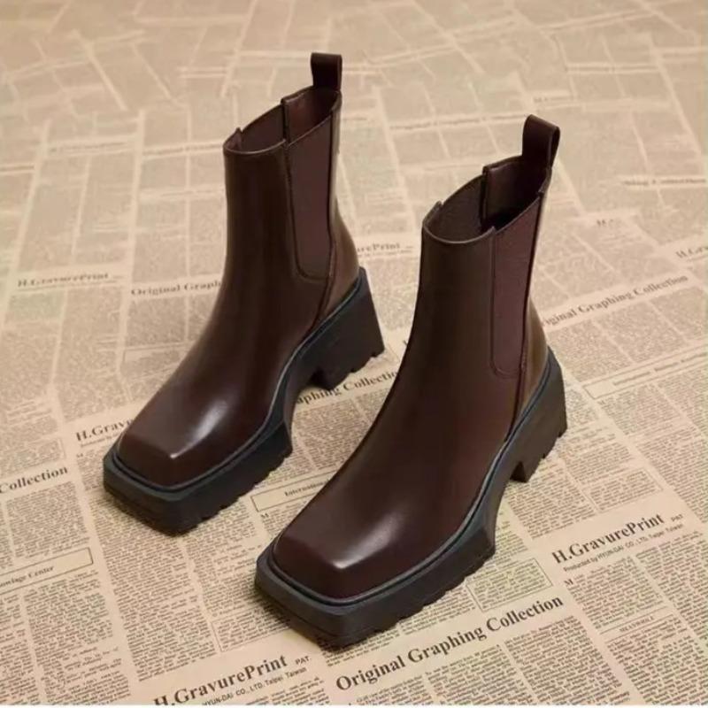 Classic Women's Boots High Quality Chelsea Leather Boots Square Head Design Womens Ankle Boot Leisure Platform Boots Botas Mujer