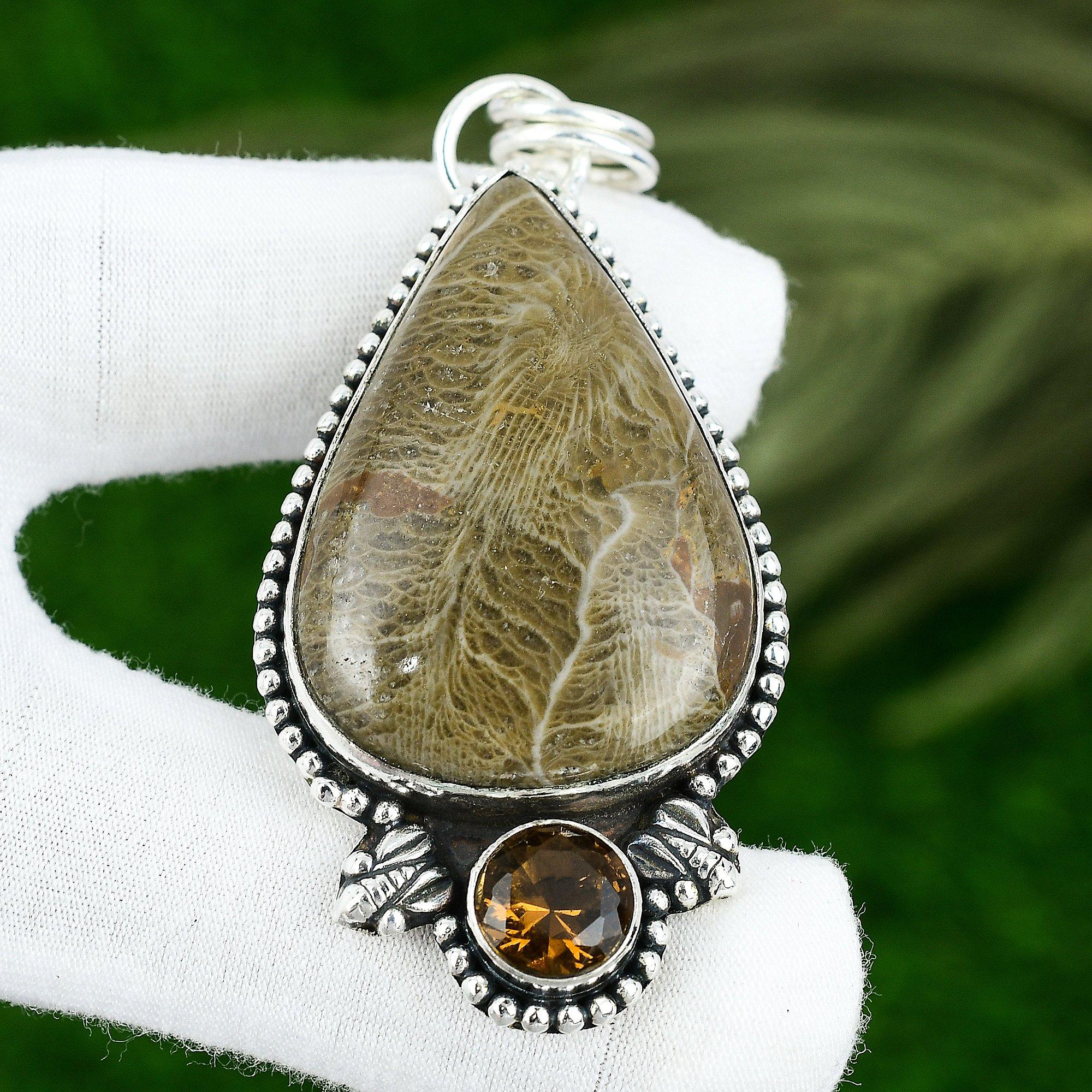 

Sterling Silver Fossil Coral Gemstone Citrine Bezel Artisan Wife Pendant Jewelry