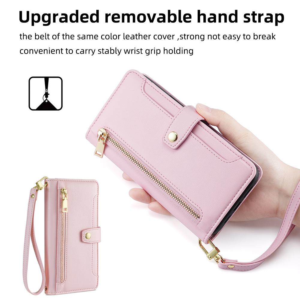 For Google Pixel 7 5G PU Leather Stand Case Zipper Pocket Phone Cover with Wrist Strap and Shoulder Strap