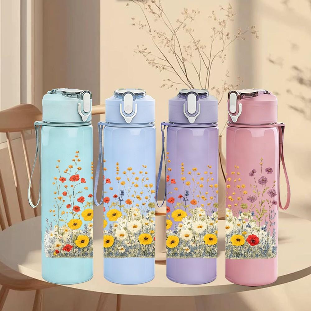 1 Pezzo Bouquet di Margherite e Fiori di Campo Acquerello 750ml Plastica Colorata Borraccia Sportiva Tappo a Vite Anti-perdita con Cannuccia Pieghevole Adatta per Sport, Ufficio, Uso Domestico