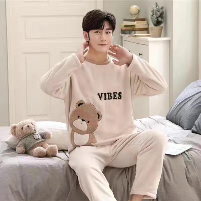 Cute Crew Neck Men's Pajamas Set Autumn Winter Casual Simple New Men's Sleepwear Cartoon Vintage Home Wear