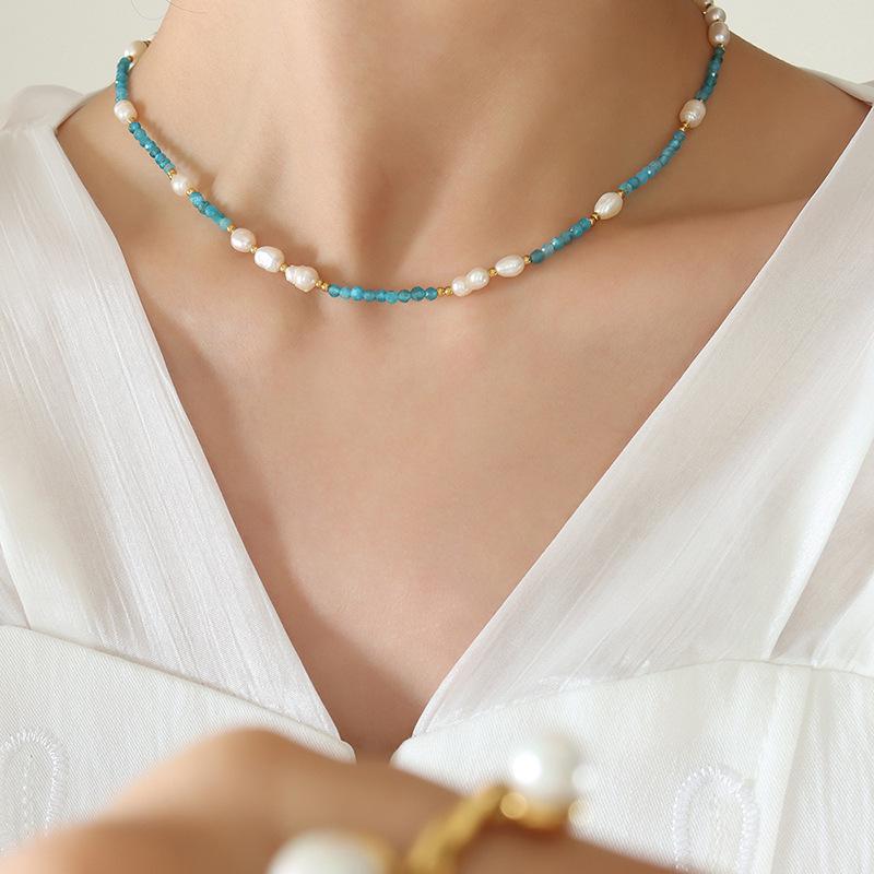 European-American Fashion Blue Stone & Freshwater Pearl Necklace