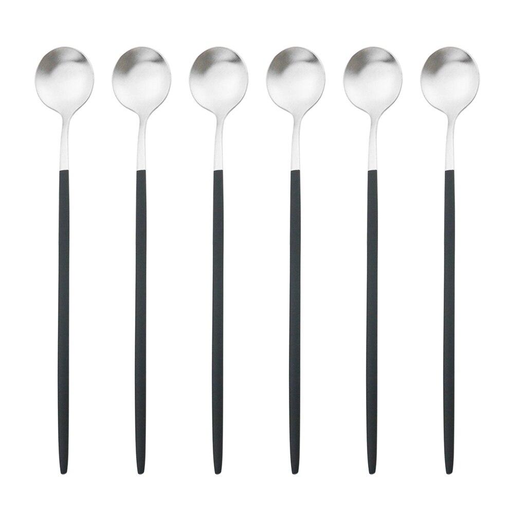 Juego de cucharas con mango largo dorado de 6 uds., juego de cubiertos de acero inoxidable mate, bebida agitadora pulida, helado, postre, cuchara para té, vajilla
