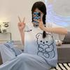 Spring and autumn summer pure cotton pajamas women's short-sleeved trousers round neck pullover cartoon bear imitation cotton women's loungewear suit