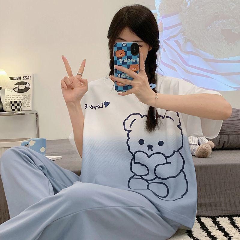 Spring and autumn summer pure cotton pajamas women's short-sleeved trousers round neck pullover cartoon bear imitation cotton women's loungewear suit