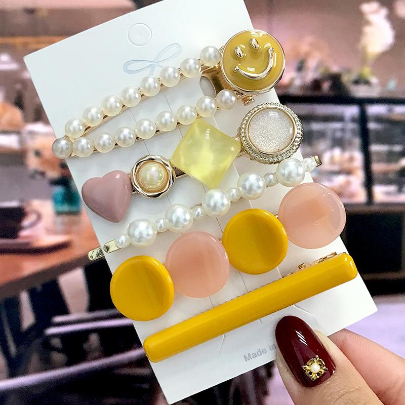 5Pcs/Set Fashion Smiley Pearl Hair Clip For Women Girl Geometric Acetate Barrettes Hairpin Headwear Hair Accessories  Trendy