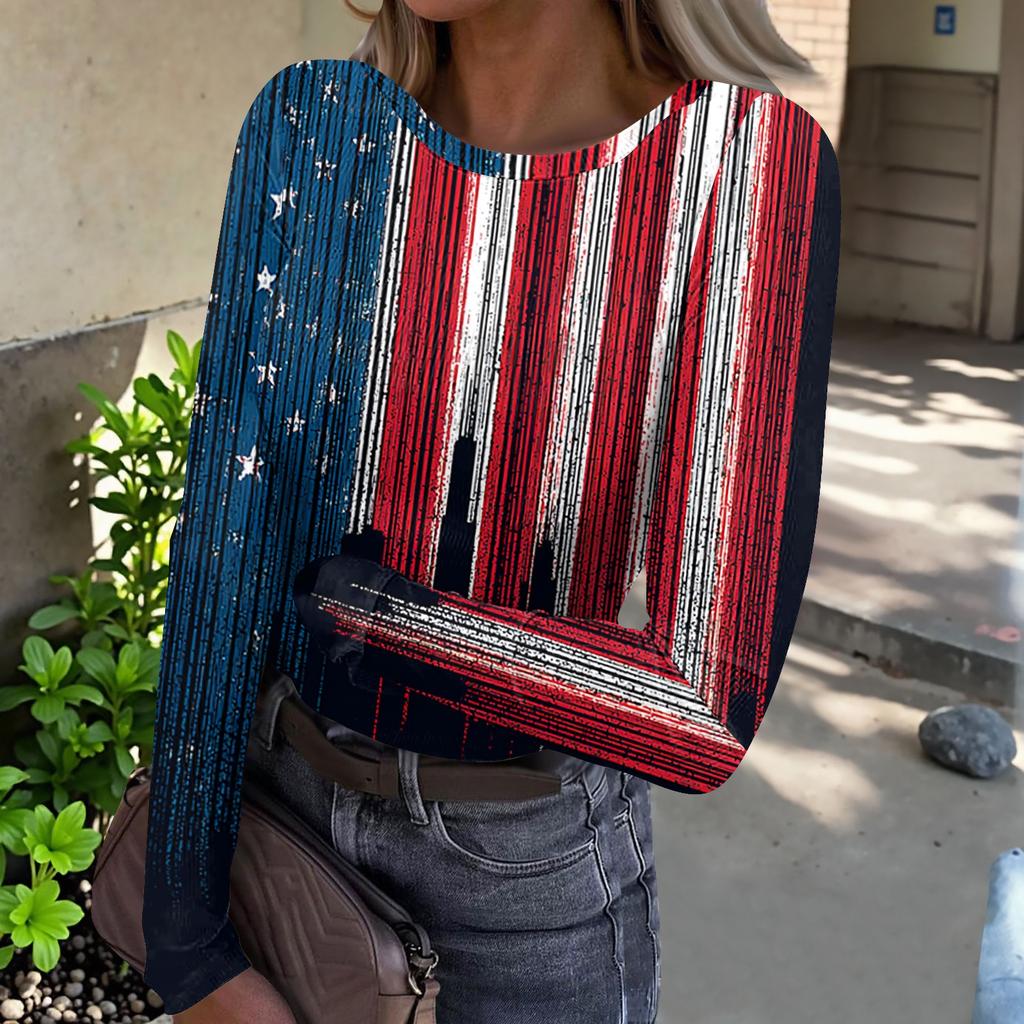 Damen Freizeit Langarm Rippstrick Oberteil Rundhals Pullover Amerikanische Flagge Print Leicht Dehnbares Shirt für den Alltag