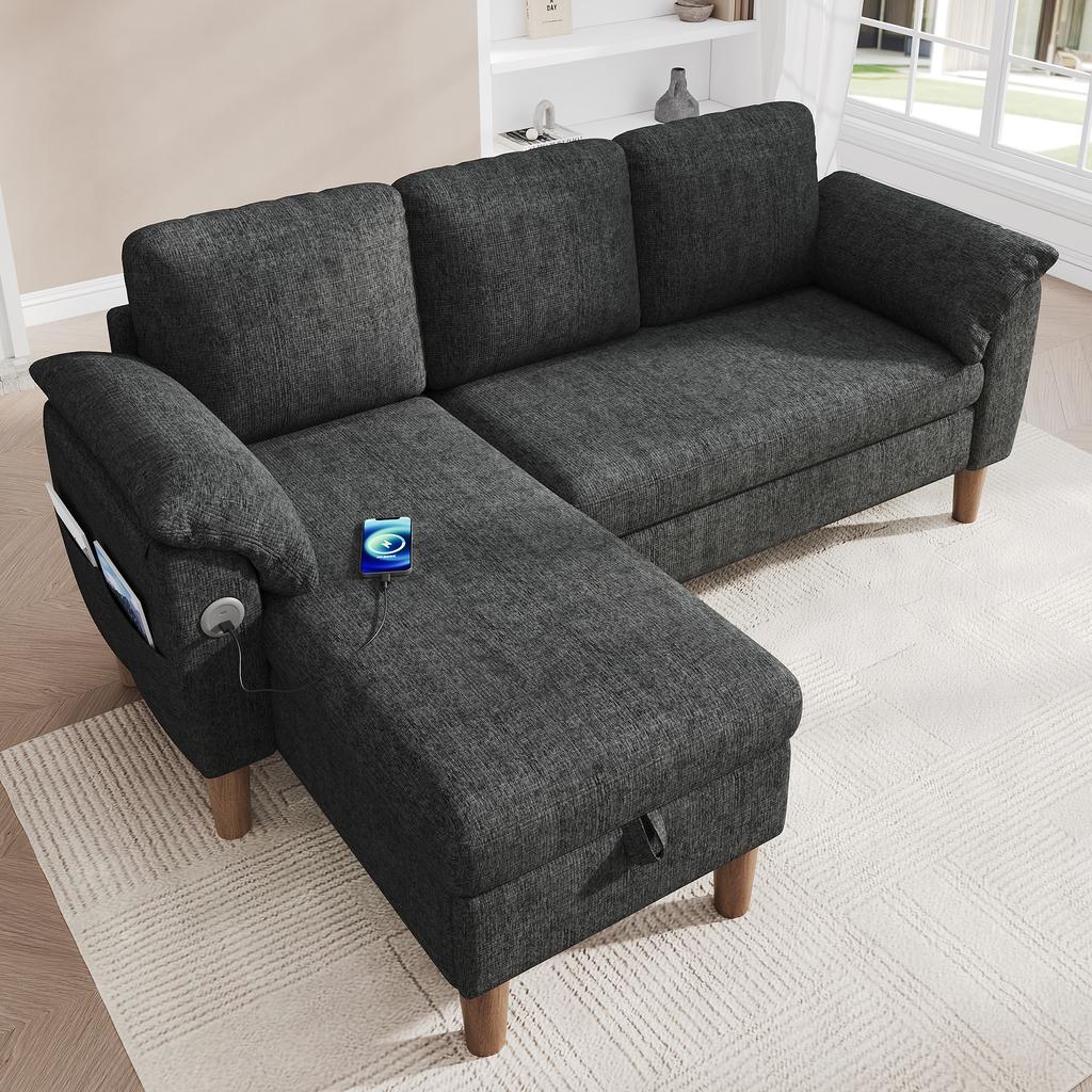 L-Shaped Corner Sofa, 3-Seater with Storage Chaise Longue, Left/Right Assembly, USB/Type-C Port, Pocket, Armrest Cushions, Chenille Fabric,Grey