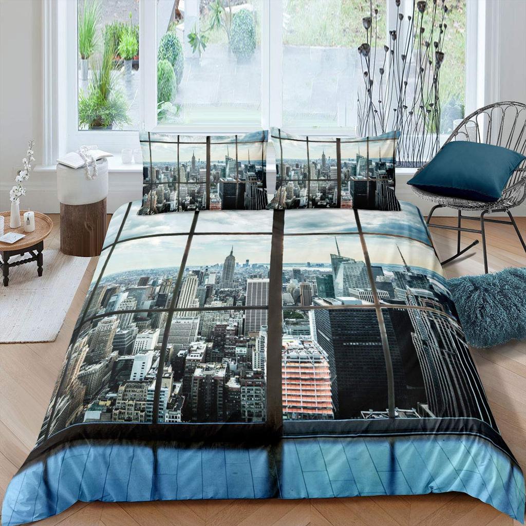 Cityscape Duvet Cover Set New York City Night View Quilt Cover For Boys Adults Microfiber Building Bedding Set 2/3Pcs King Size