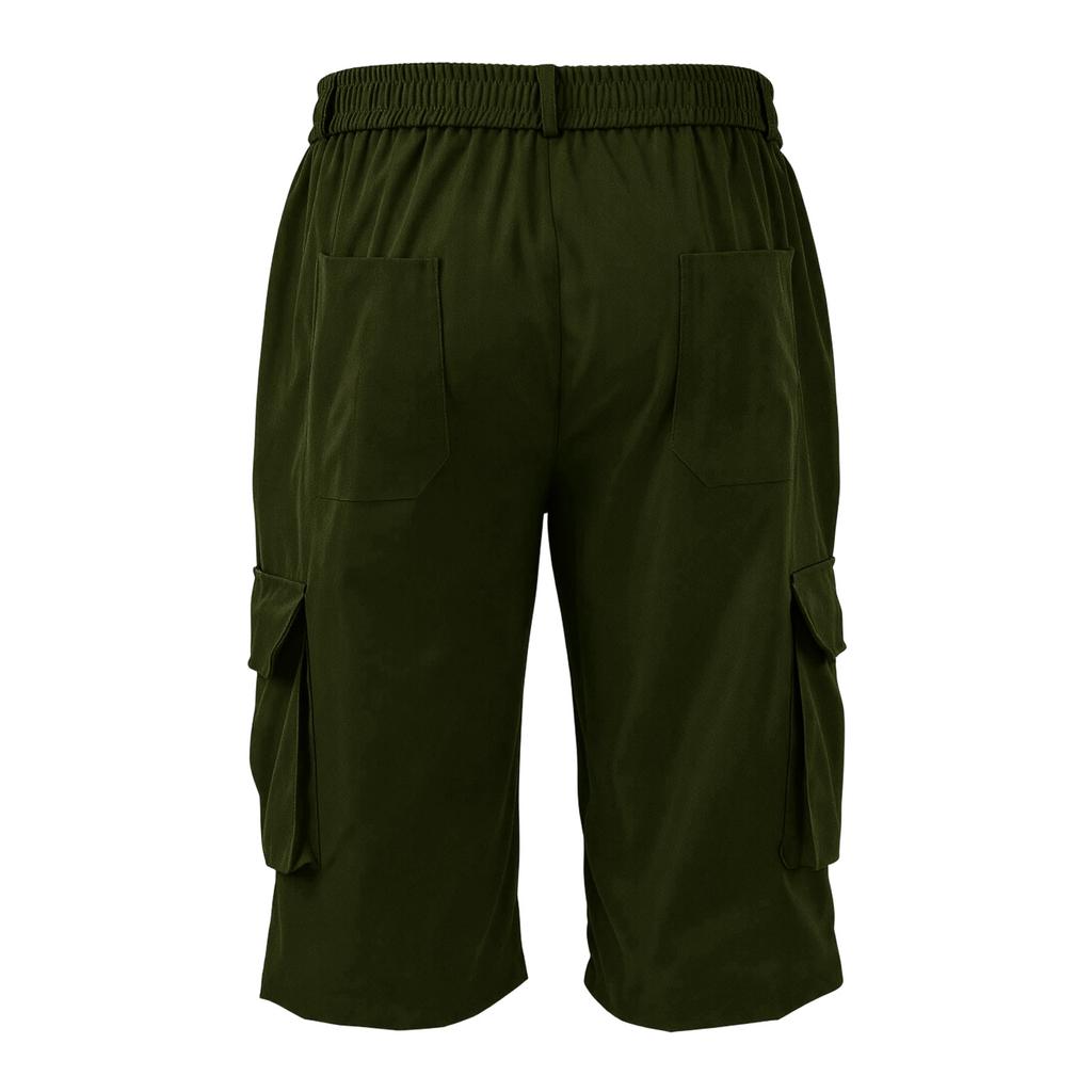 Men's Solid Color Button Closure Elastic Waist Cargo Capri Pants with Six Pockets Workwear Style Casual Fit
