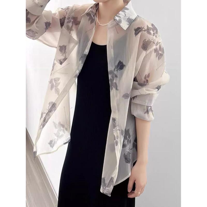 Mulberry Silk Loose Breathable National Style Long-sleeved Floral Sunscreen Shirt Summer Thin Versatile Silk Top Women