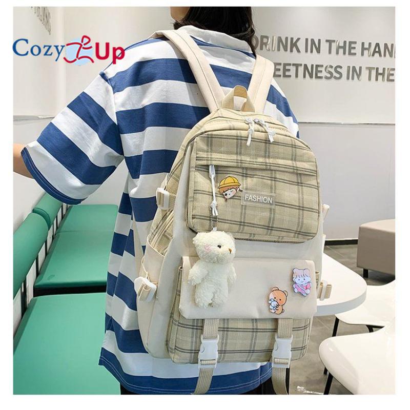 Checkered Elementary School Student Backpack Female Backpack 5-piece Set Backpack