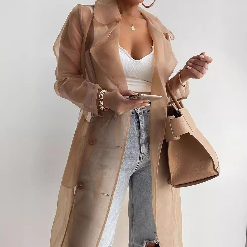 Light Brown Transparent Long Trench Coat with Belt and Double-Breasted Buttons