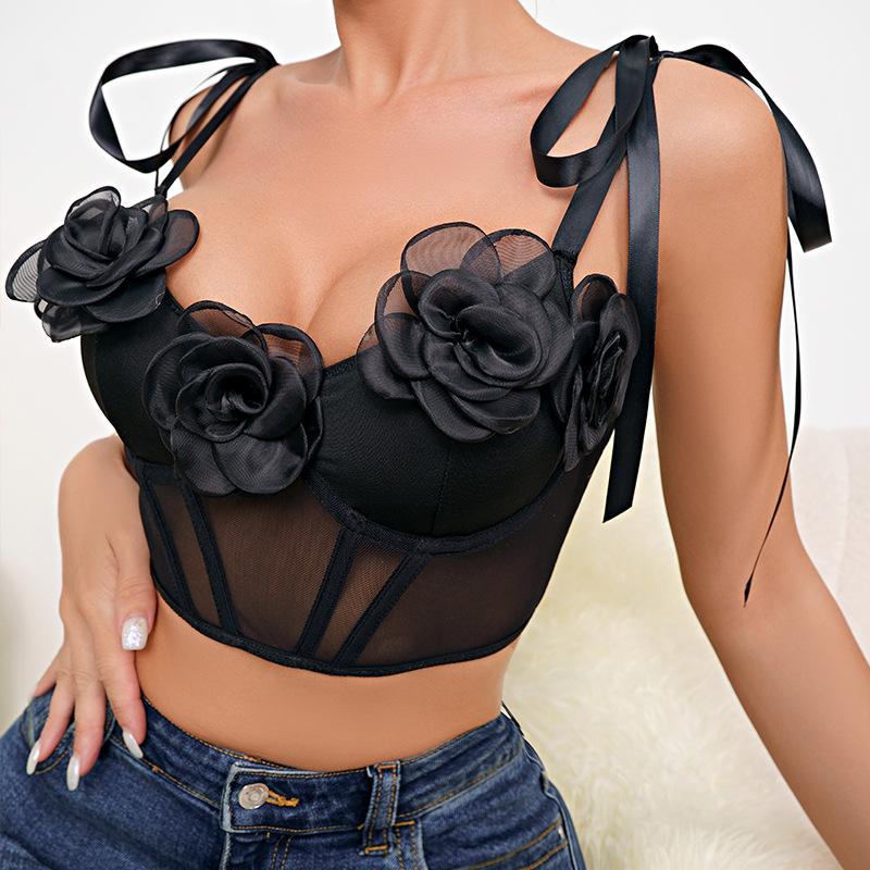 Nowa koszulka z siateczką w kwiaty, dopasowana, z perspektywą, z pięknymi plecami i seksownym paskiem