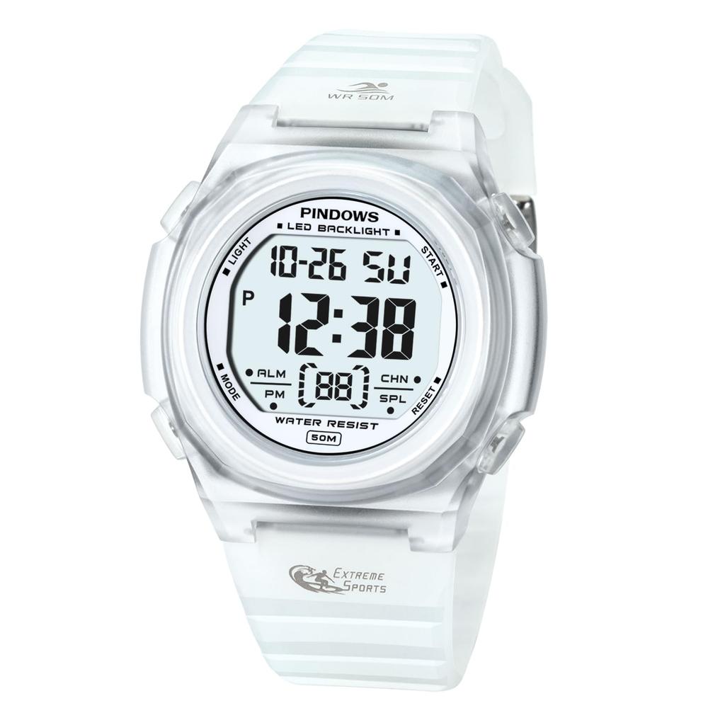 PINDOWS Digital Sports 50m Water LED Backlight Wristwatch with and Perfect for Everyday Use Indoors and Outdoors Women's Watch, Resistant, Alarm,