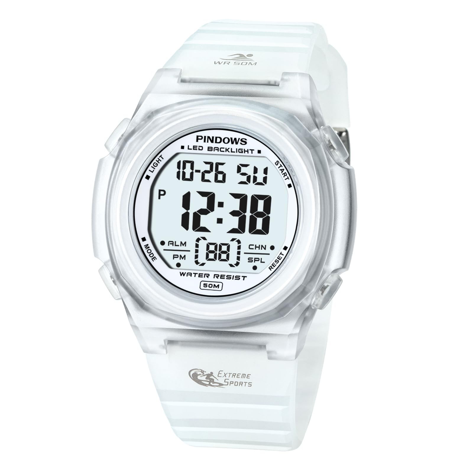 

PINDOWS Цифровые спортивные 50 м Водонепроницаемые Светодиодная подсветка Наручные часы и Идеально подходят для повседневного использования в помещении и на открытом воздухе Женские часы, Устойчивые, Будильник,