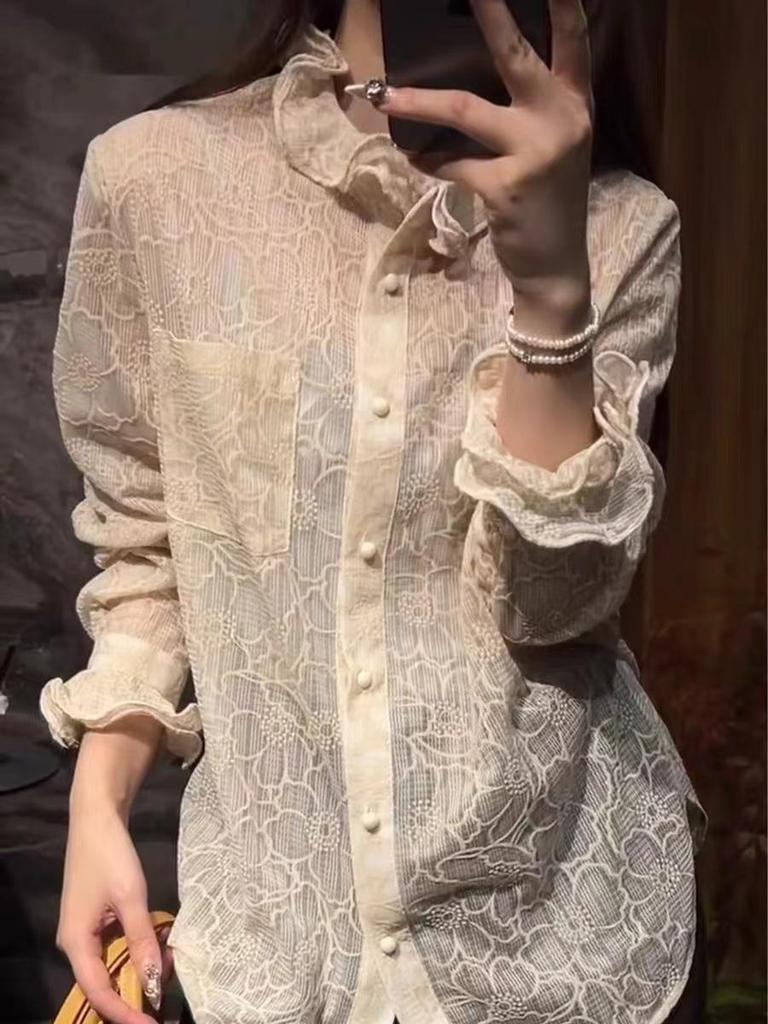 Apricot Lace Round Neck High-End Shirt 2025 Autumn/Winter Breathable Fashion Top