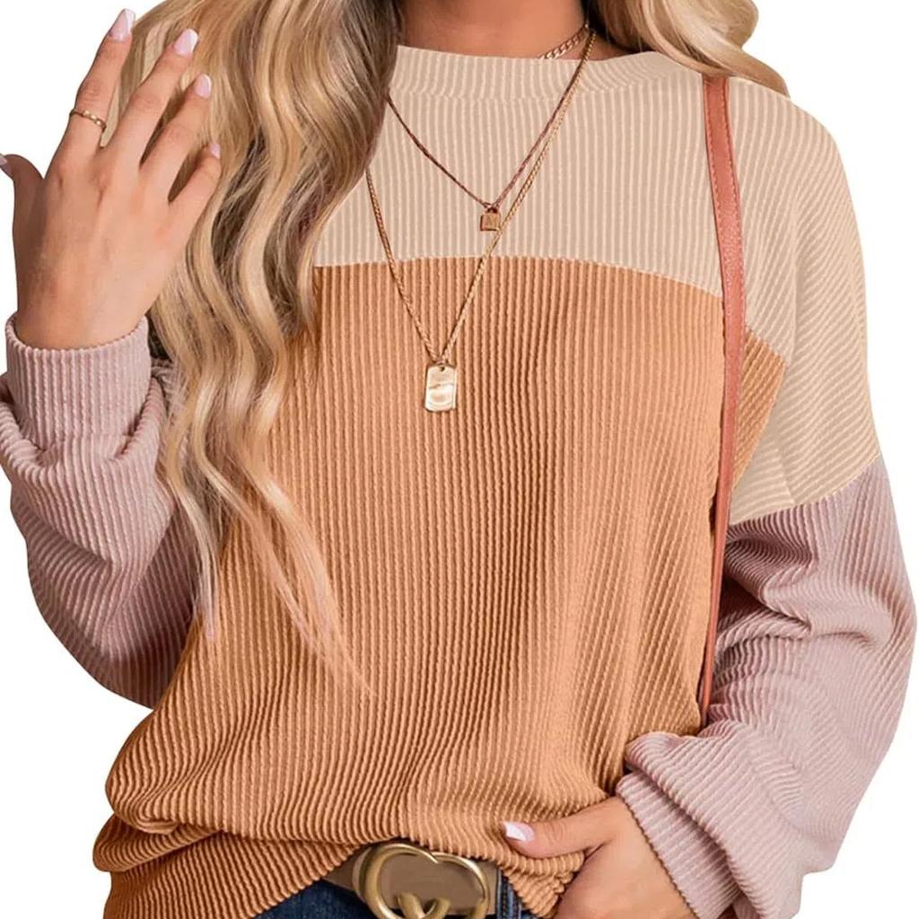 Womens Fashion Color Block Long Sleeve Crewneck Knitted Casual Loose Pullover Shirts Tops Sweatshirt T-Shirt