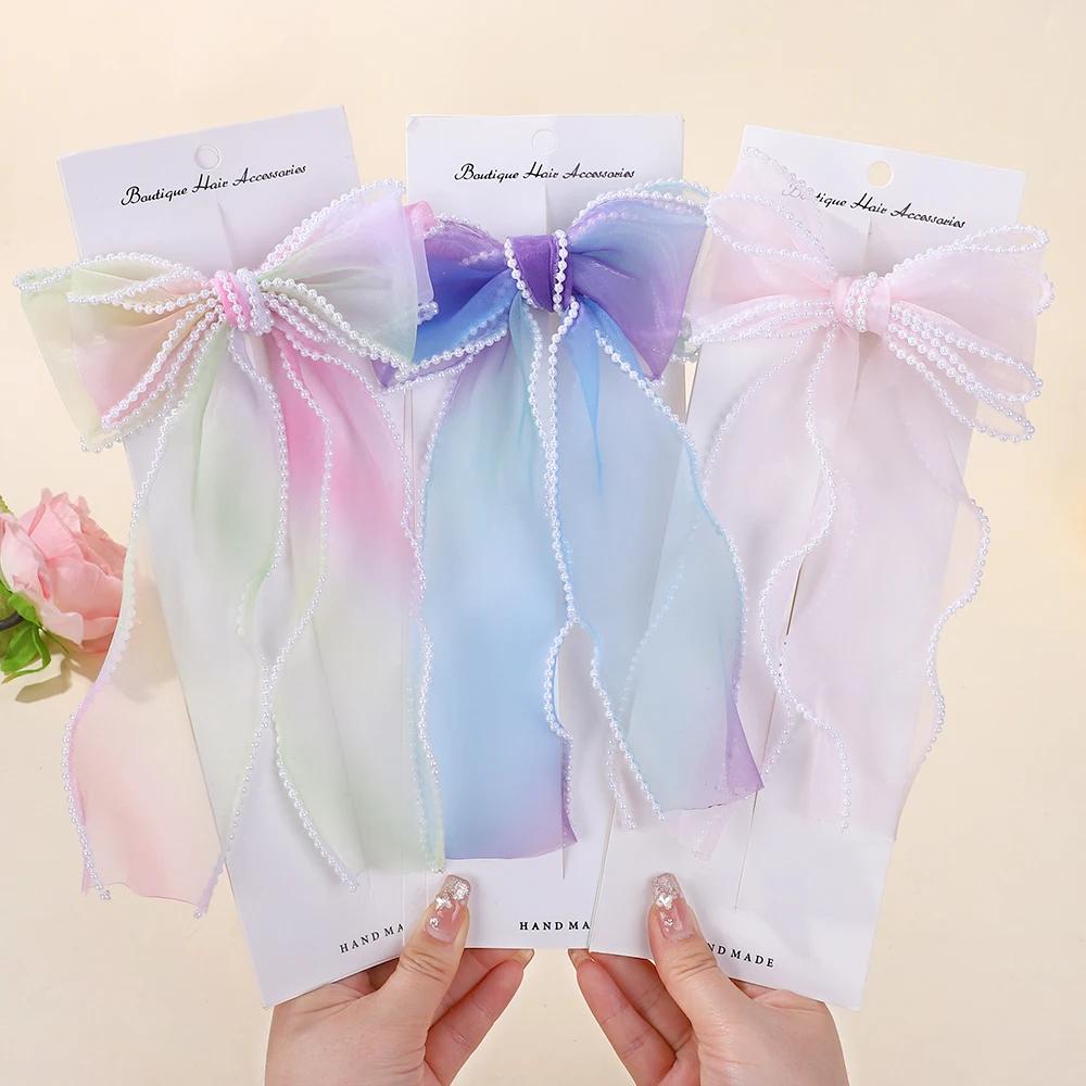 BABY BOWS 1Pcs Fairy Ribbon Bow Hair Clip Gradient Color Gauze Lace Edge Ponytail Hairgripes Women Girls Hair Accessories