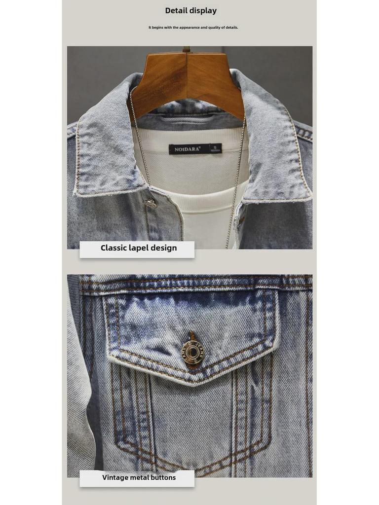 Męska kurtka dżinsowa slim z retro haftem - Moda wiosenno-jesienna