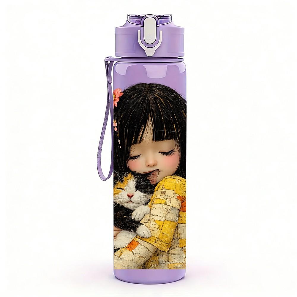 1PC Little Dark Hair Girl Hug Doll Print 750ml Color Plastic Sports Water Bottle Leakproof Flip Straw Lid Suitable for Sports Office Home Use