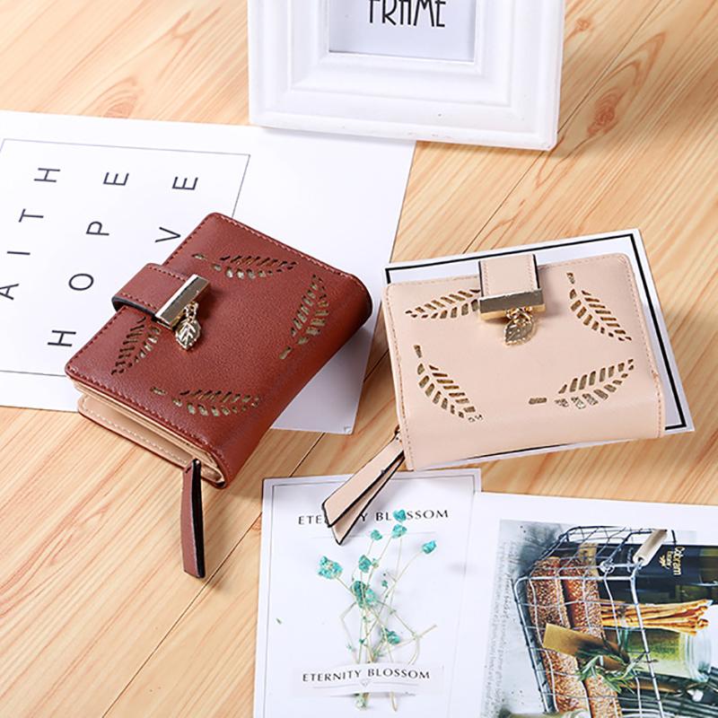 Yogodlns Women Short Standard Leather Wallet Hollow Out Leaves Decor Female Day Clutch Card Holder Money Purse Bags