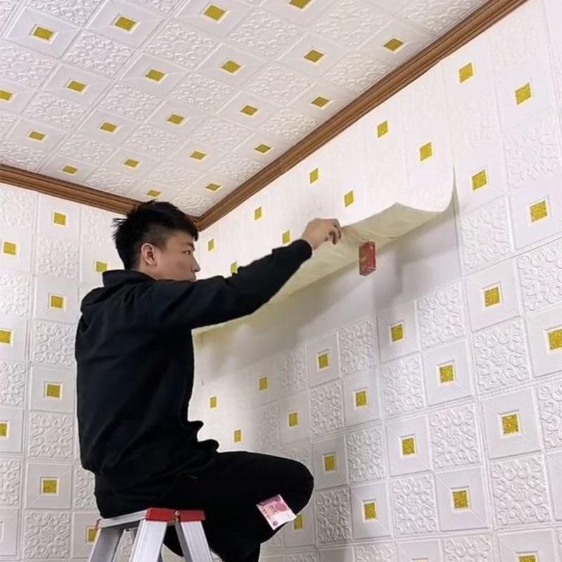 10Pcs 35x35cm 3D Wall Sticker Ceiling Panel Roof Decoration Self Adhesive Foam Wallpaper