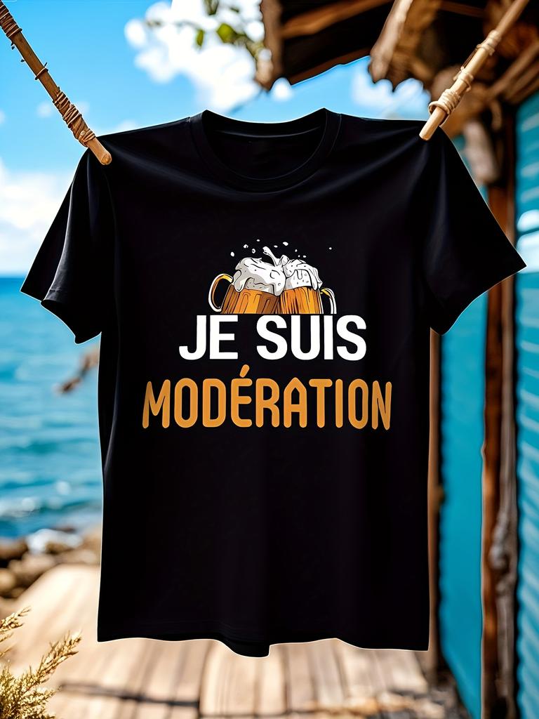 Funny French Beer Lover's - "I Am Moderation" Saying - Black Shirt with Beer Mugs Graphic T-shirt