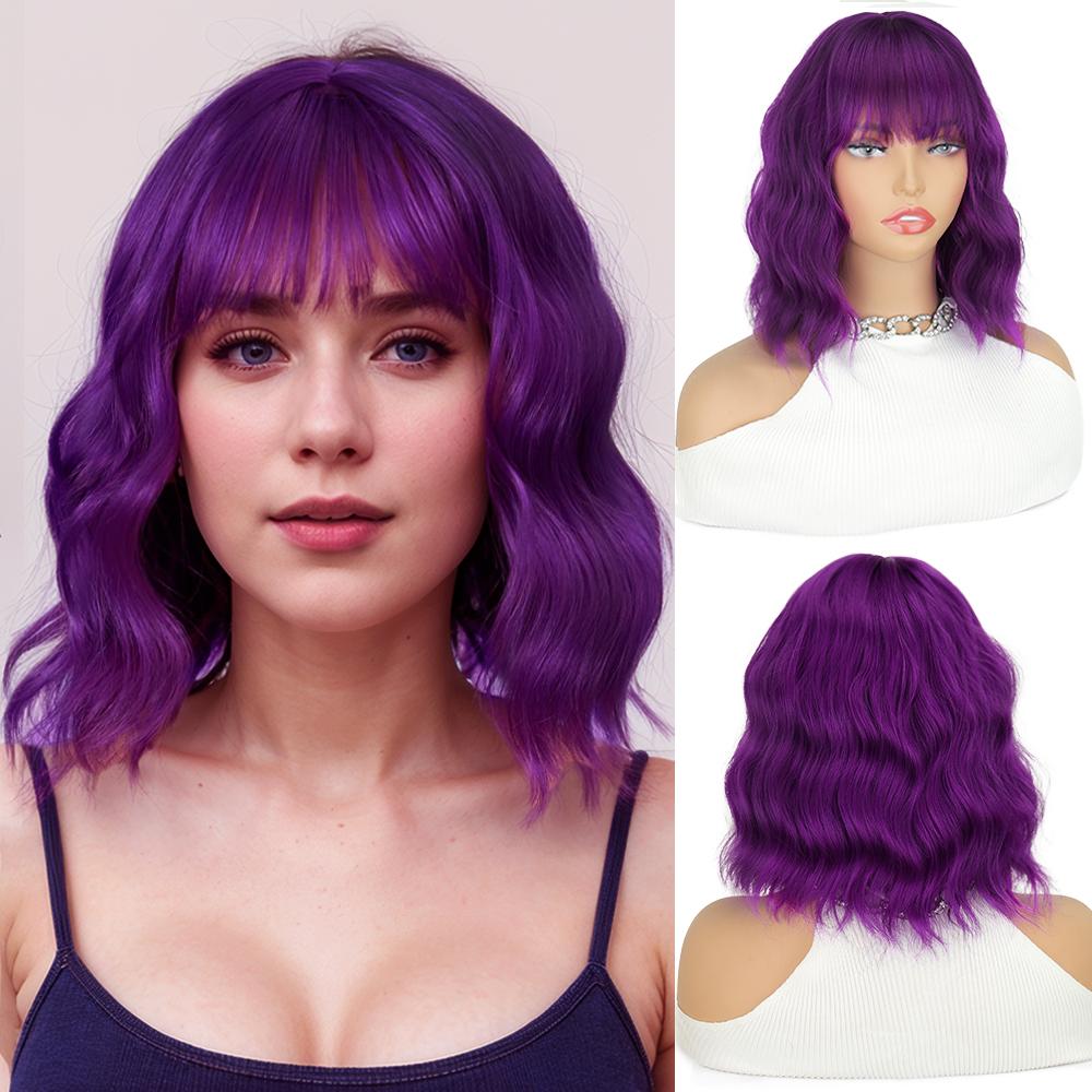 

MISS WIG Synthetic Short Curly Wavy Bob Wig With Bangs Shoulder Length For Women Girls Cosplay Party Wigs 30cm