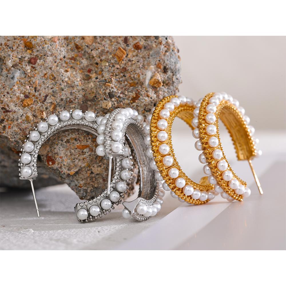 Yhpup Elegant Imitation Pearls Stainless Steel C Shape Geometric Hoop Huggie Earrings Vintage Metal Charm Stylish Jewelry Bijoux