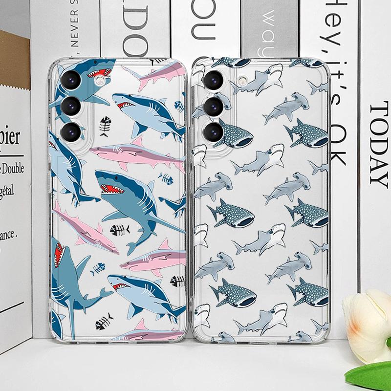 Coque de téléphone souple transparente pour Samsung Galaxy A55 A54 A53 A51 A70 A32 A31 A22 13 A52 5G Animaux de l'océan d'été Requin Dauphin Poisson Housse