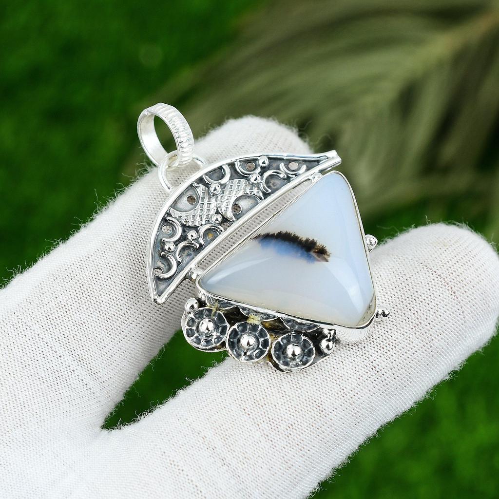 Trillion Dendrite Tiger Stone 925 Sterling Silver Bezel Daughter Wedding Pendant