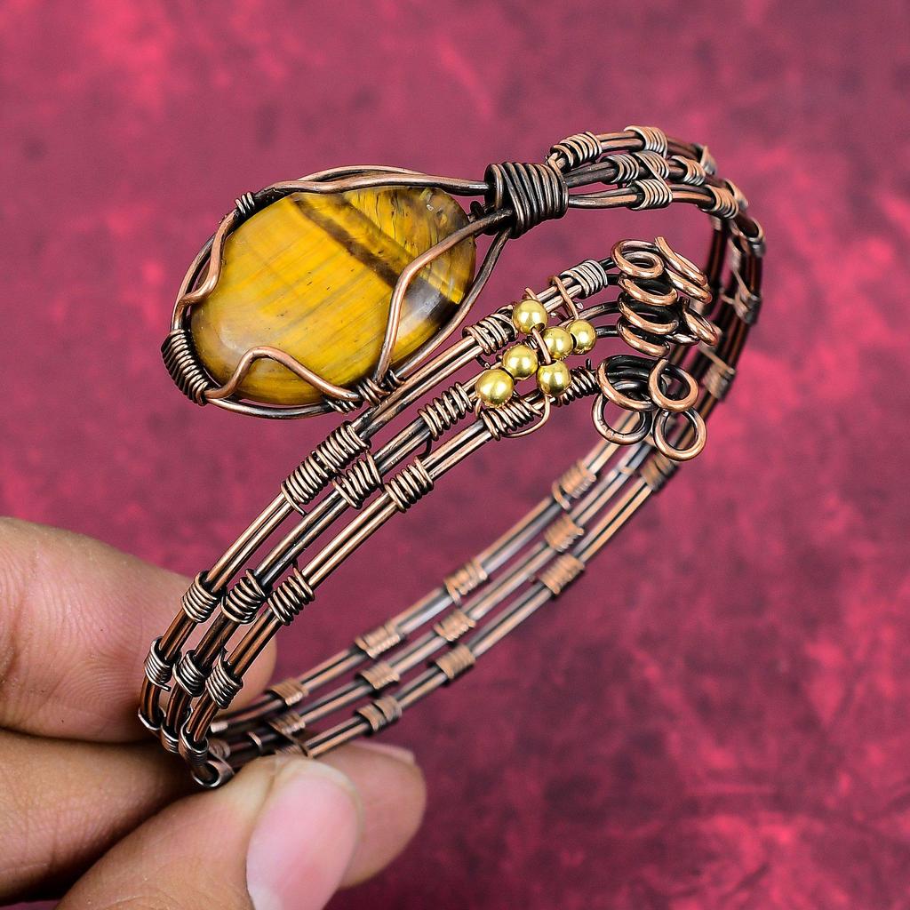 Tiger's eye bangle copper wire wrapped bangle handmade cuff bracelet tiger's eye natural gemstone jewelry adjustable bangle gifts for mother